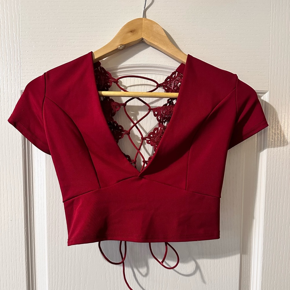 Red Deep V-neck Crop Top with open-back lace up detail